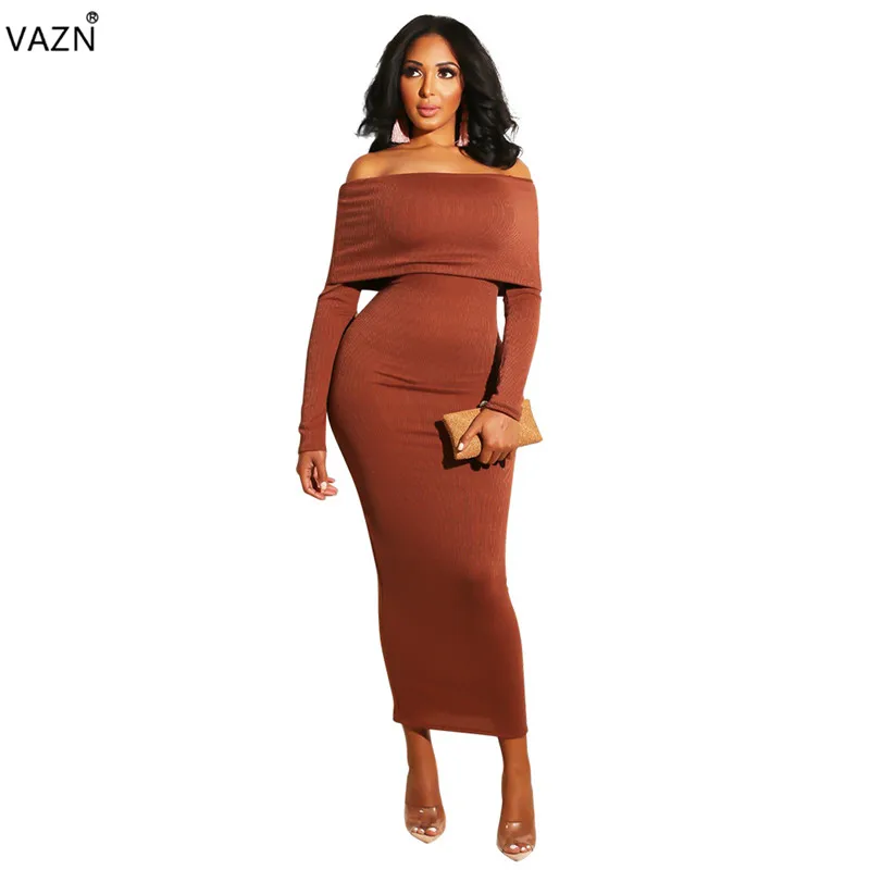 

VAZN Autumn 2018 Hot Sale Exotic Sexy Desiner Women Dress Solid Slash Neck Full Sleeve Lady Sheath Maxi Knit Dress YM8299