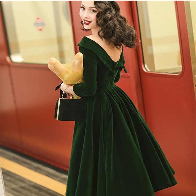 30- Winter Women Vintage 50s Elegant Velvet Boat Neck Swing Dress In Green Plus  Size Vestidos Jurken - Dresses - AliExpress