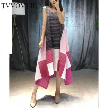 

TVVOVVIN 2019 Summer High Quality Pleated Clothes For Women Sleeveless Contrast Color Patchwork Irregular Niche Dresses V446