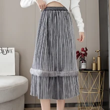 2021 Fashion Fall Winter Gold Velvet Midi Long Pleated Skirt Women Korean Style Mid-Length High Waist Skirts Female Faldas Mujer