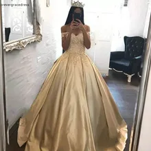 Золото Пышное Платье принцессы Арабская, Дубай стиля с открытыми плечами милые до 16 лет дeвoчeк длинный рyкaв для выпускного вечера праздничное платье плюс Размеры