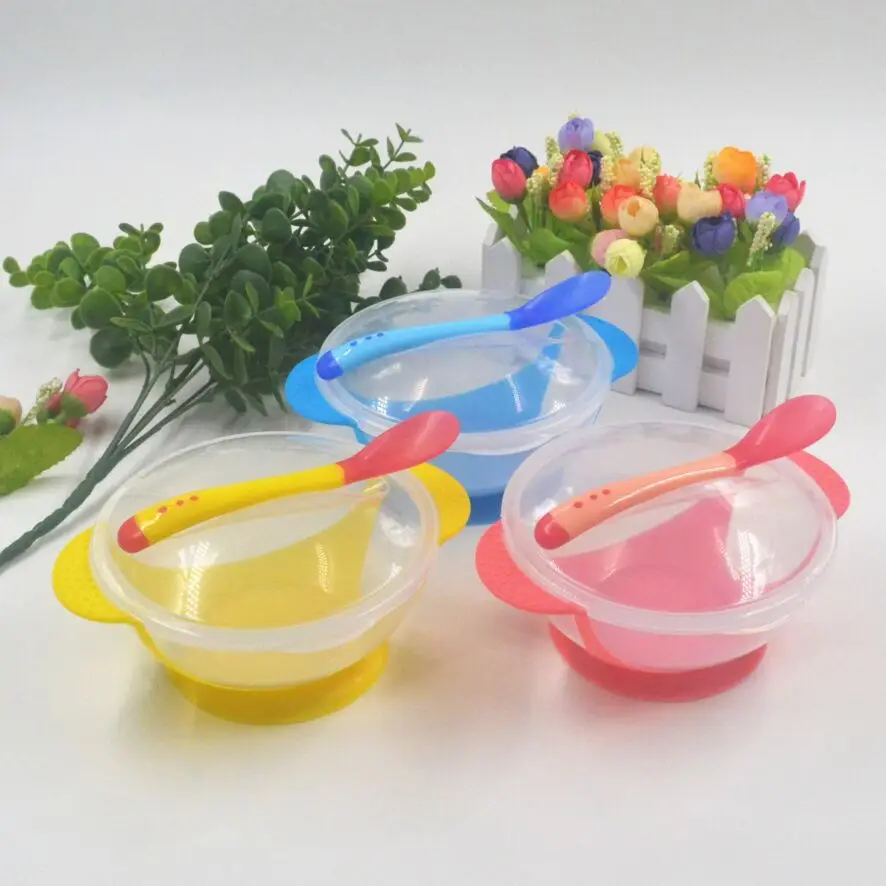 Детская миска на присоске, детская посуда, обучающее детское блюдо с чашей, набор из полипропилена, чувствительная температура, миска для кормления ребенка, ложка, посуда