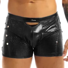 Sexy Mens Patent Faux Leather Underwear Boxer Briefs Thongs Bikini PU Boxers Homem Soft Boxershorts Male Panties Shorts 2021