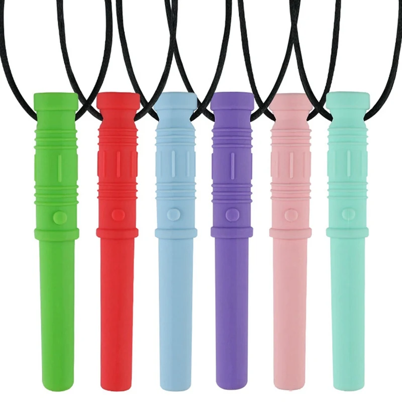 

6 Colors Silicone Baby Teether Autistic Children's Sensory Chewing Silicone Teether Pendant Necklace Molar Stick Bite Toys