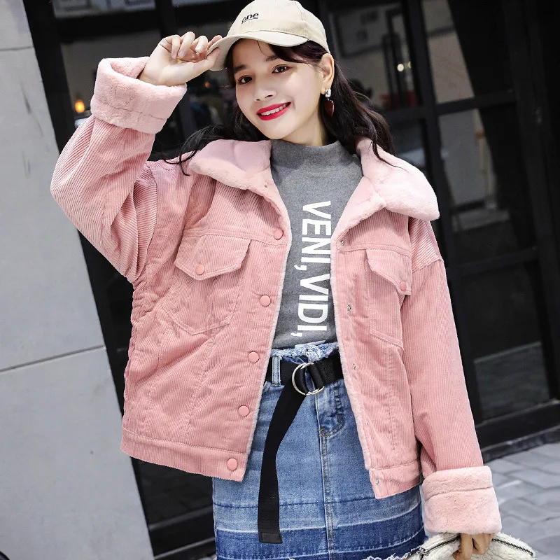

2019 Autumn New Style Korean-style Loose-Fit College Style Dehaired Angora Corduroy Cotton-padded Clothes Women's Thick