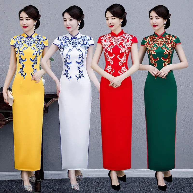 Желтые женские вечерние платья восточные женщины Cheongsam элегантный в китайском стиле длинные Qipao Сексуальное Тонкое свадебное платье для выпускного бала Vestidos XS-3XL