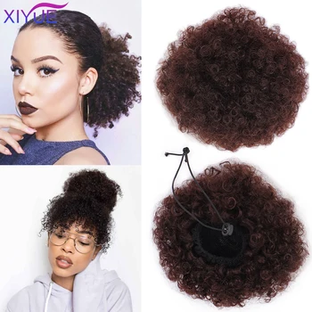 

XIYUE Afro Short Kinky Curly Chignon Hair Extensions Synthetic Puff African American Afro Bun Wrap Drawstring Hairpiece Rubber B
