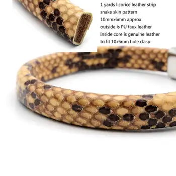 

1 Yards 10mmx6mm Tan Base Snake Skin Pattern Licorice Leather Strip, Outside PU with Inside Cowhide for DIY Bracelet Necklace