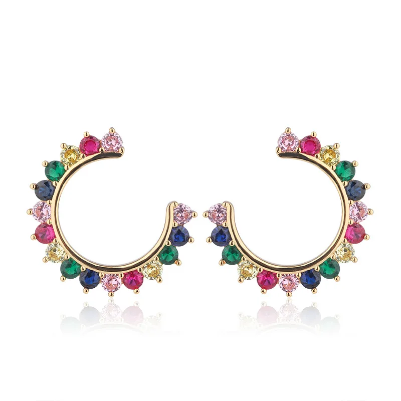 OMYFUN Fashion Earring Rainbow Gold Color Round Stud Earrings for Women Korean Zirconia Crystal Charm Jewelry Gift E77 | Украшения и