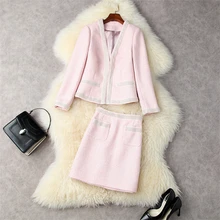 

Runway Designer Fashion Tweed Dress Suit Women Luxury Beading Woolen Jacket with High Waisted Skirt Set Party Two Piece Outfit