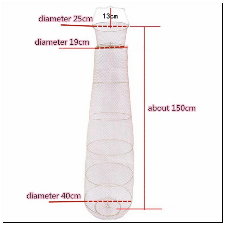 Description Picture 3 of itemFinefish Size 1.5m Portable Fish Care Keep Mesh Wire Foldable Fishing Cage Drum-shaped Steel Wire Creel Catch Fishing Net