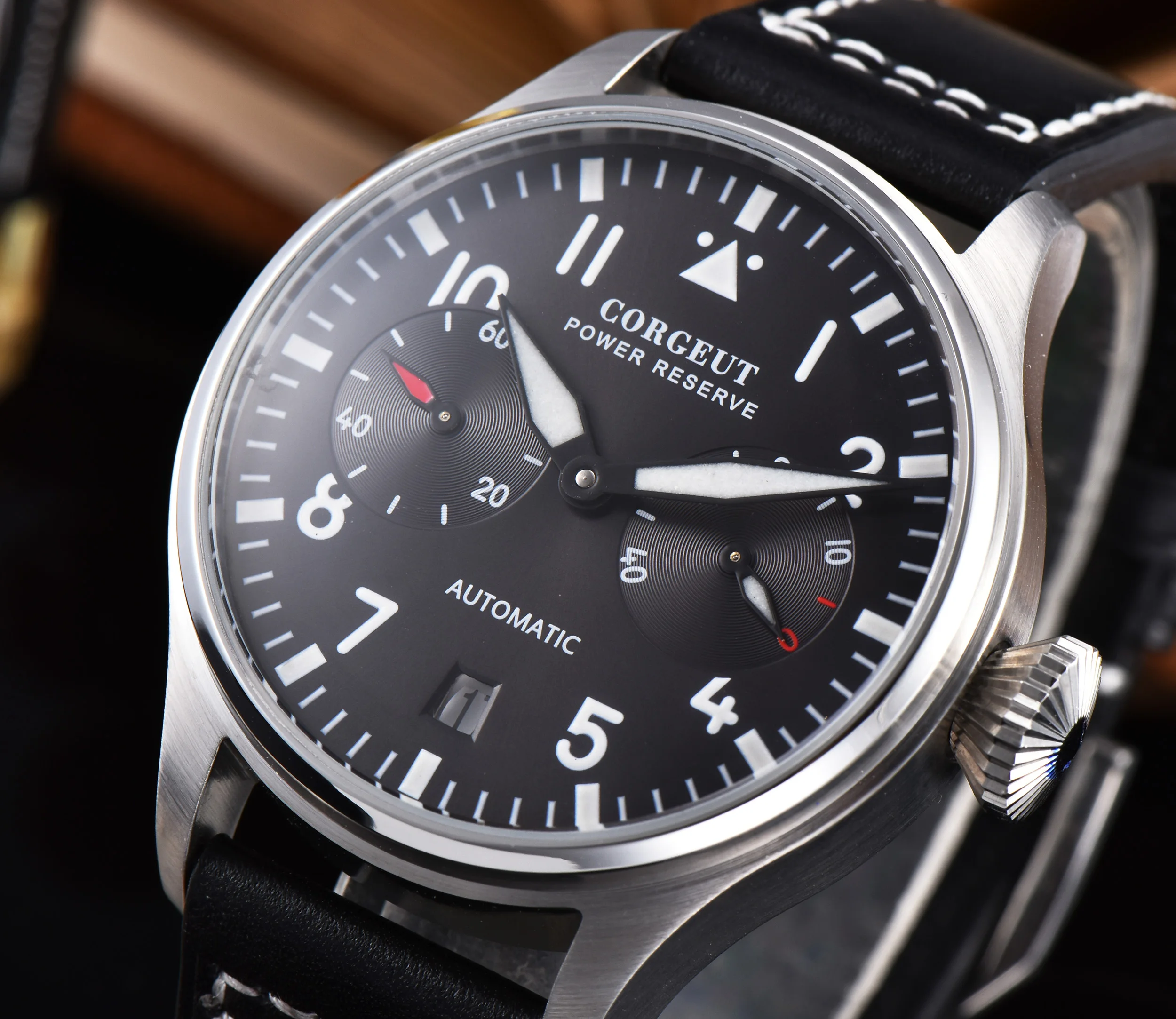 Роскошный бренд Corgeut42MM Автоматические Мужские механические наручные часы Ночная Дата черный циферблат из нержавеющей стали настоящий ремень мужские часы