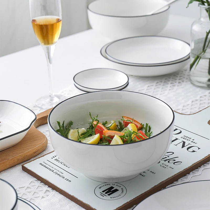 Black Rim White Ceramic Dinner Tray, Kitchen Plate, Tableware, Food Dishes, Soup Bowl, Kitchen Cook Tool, 1 Piece Sale