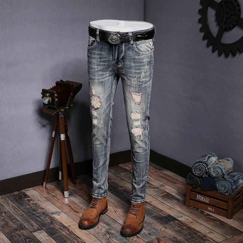 

elastic restoring ancient ways is worn out small straight jeans do old cultivate morality man hole pants 624 man