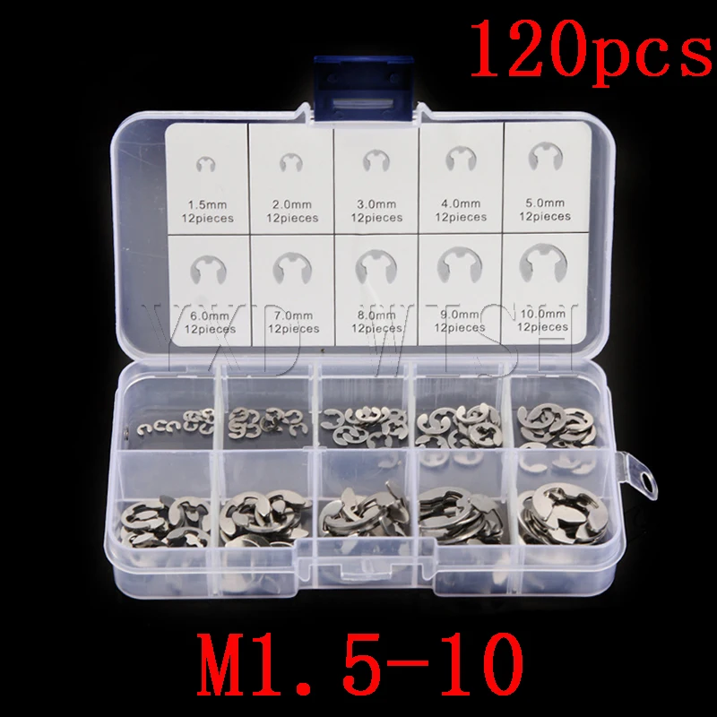 

120 PCS 304 Stainless Steel Stainless Steel E Clip Washer Assortment Kit Circlip Retaining Ring For Shaft Fastener M1.5-M10