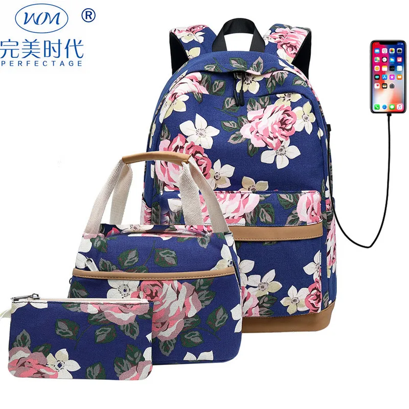 

New Korean printed shoulder bag female USB computer backpack student canvas bag set of three bookbag Kiplingdw