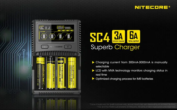 NITECORE SC4 интеллектуальная Быстрая зарядка превосходное ЖК-зарядное устройство 4 слота 6A выход совместимый литий-ионный аккумулятор 18650 14500 16340 AA