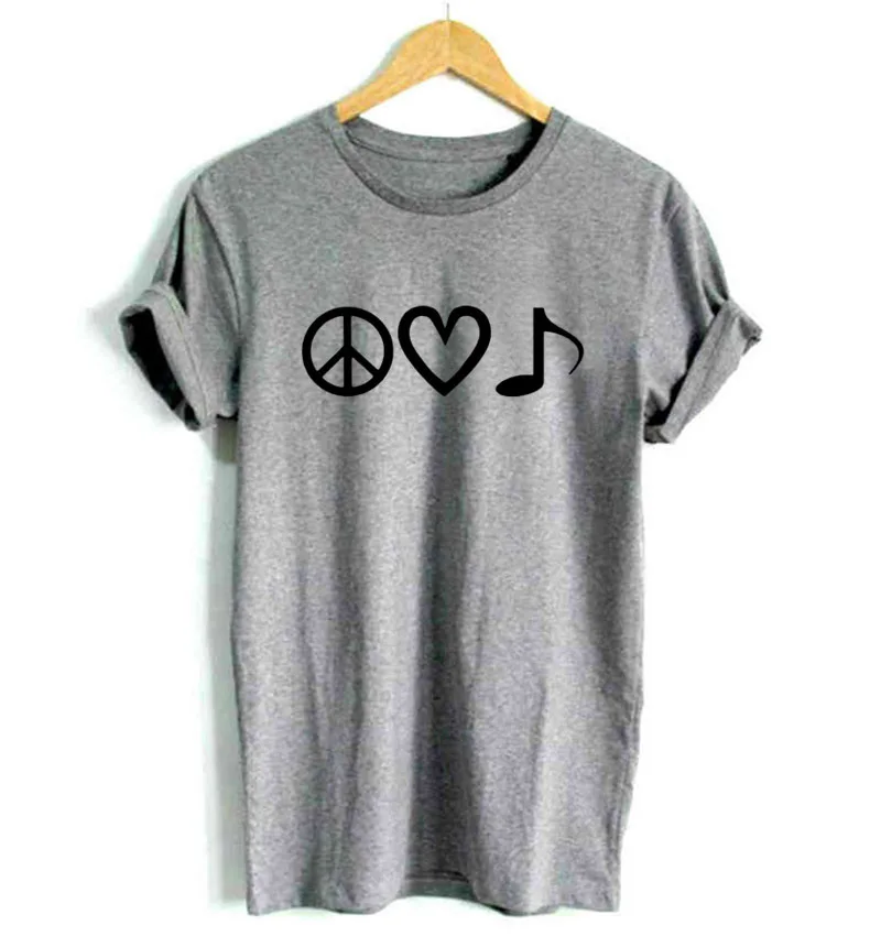 Женская футболка с принтом PEACE LOVE and MUSIC хлопковая Повседневная забавная для