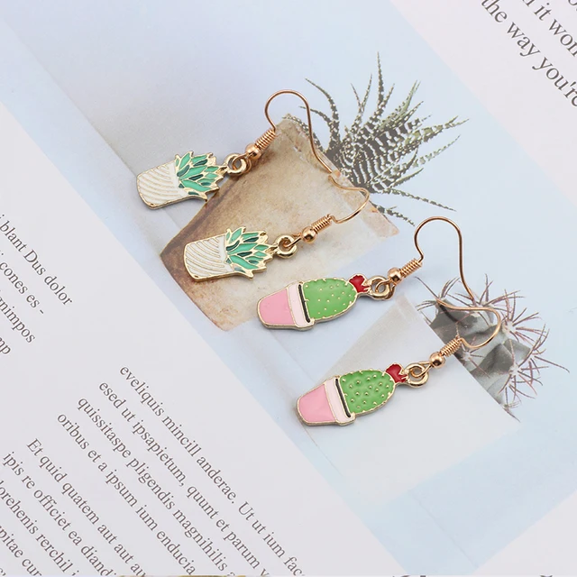 Fashionable and lovely cartoon dripping oil cactus hanging earrings New  green plants DIY handmade earrings Girl party jewelry - AliExpress