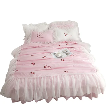 

Free shipping princess lace ruffles strawberry embroidered bedding set 3/4pcs twin full queen king size bed skirt set MR