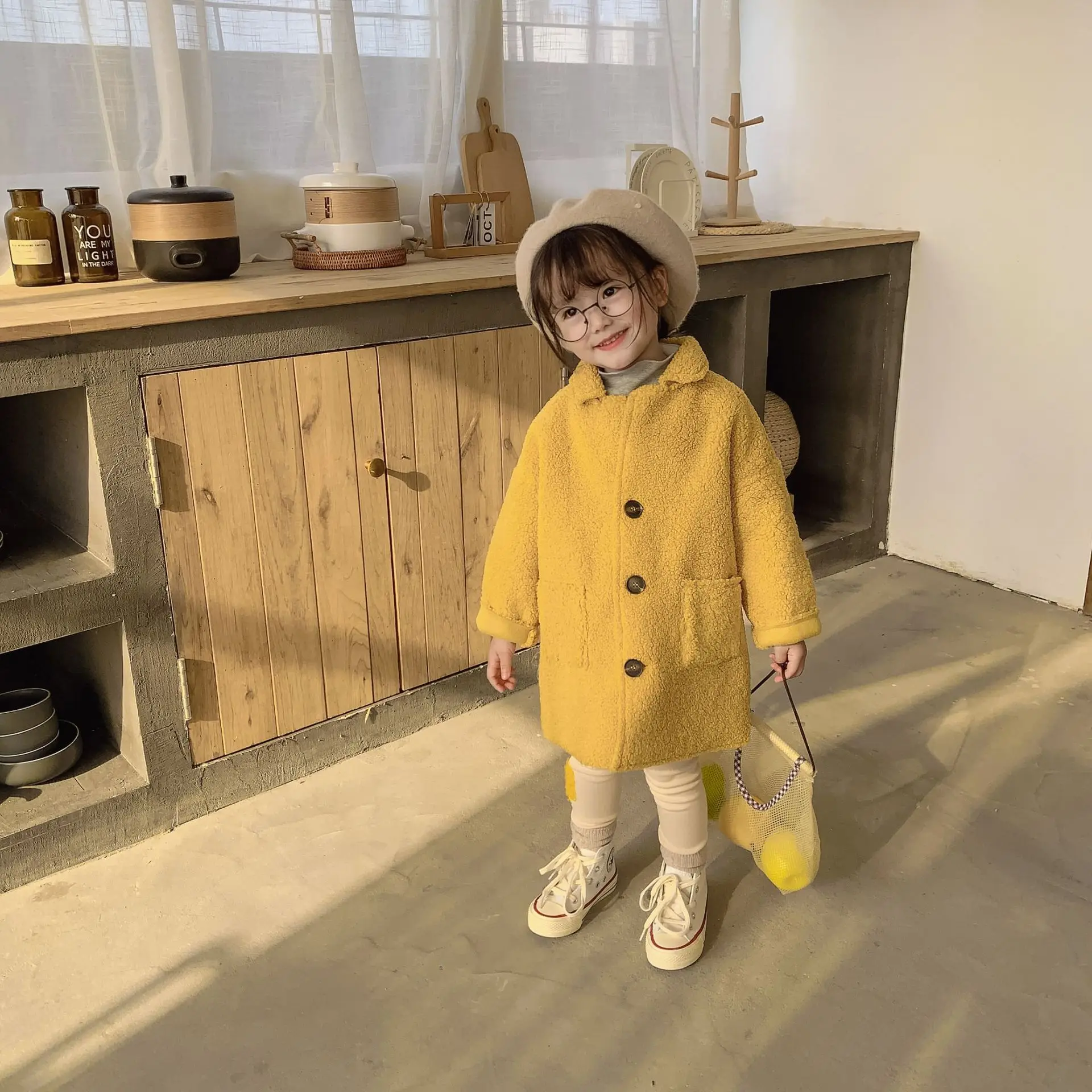 Winter fashion solid color berber Fleece long jackets for girls single-breasted casual coats 1-5Y