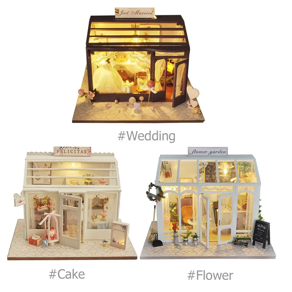 

Kids DIY Miniature Wooden Doll House Assembly Set Wedding /Cake /Flower Shop Model Building Kits Children Handmade Dollhouse Toy