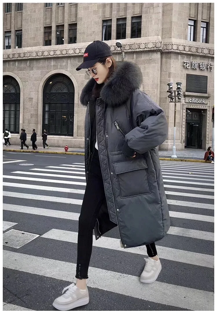 Корейский стиль, модное зимнее пуховое пальто Dongdaemun, большой меховой воротник, белый утиный пух, свободный, длинный пуховик для женщин