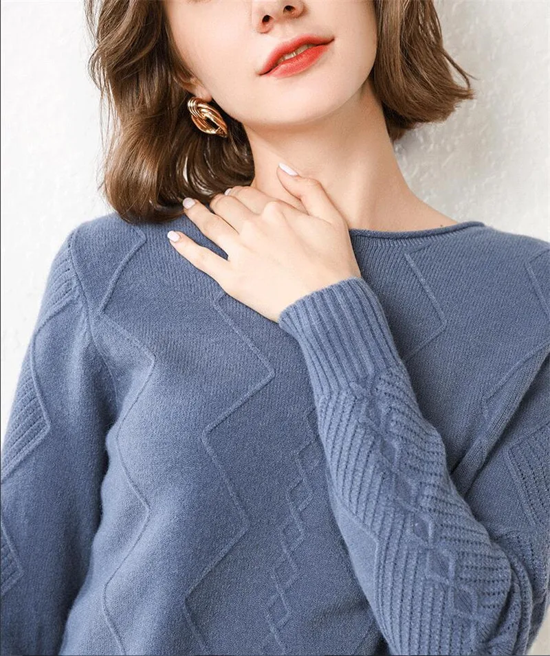 GCAROL New Women O Neck Curled Rhombic Sweater Fall Winter 30% Wool Cashmere Thick Jumper Stretch Warm OL Knitted Pullover S-3XL
