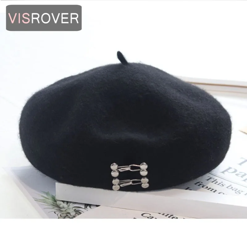 

VISROVER 2020 New Cute black 100% Wool Beret Solid Autumn Hat Winter Cap Spring top quality Beret Hat Rabbit Beret Wholesale