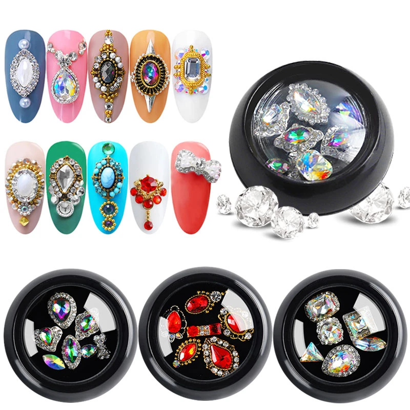 

6 pcs/box Mixed Charm Alloy Rhinestones 3D Nail Art Decorations Pearl Crystal Diamonds Jewelry Design Manicure DIY Ornaments