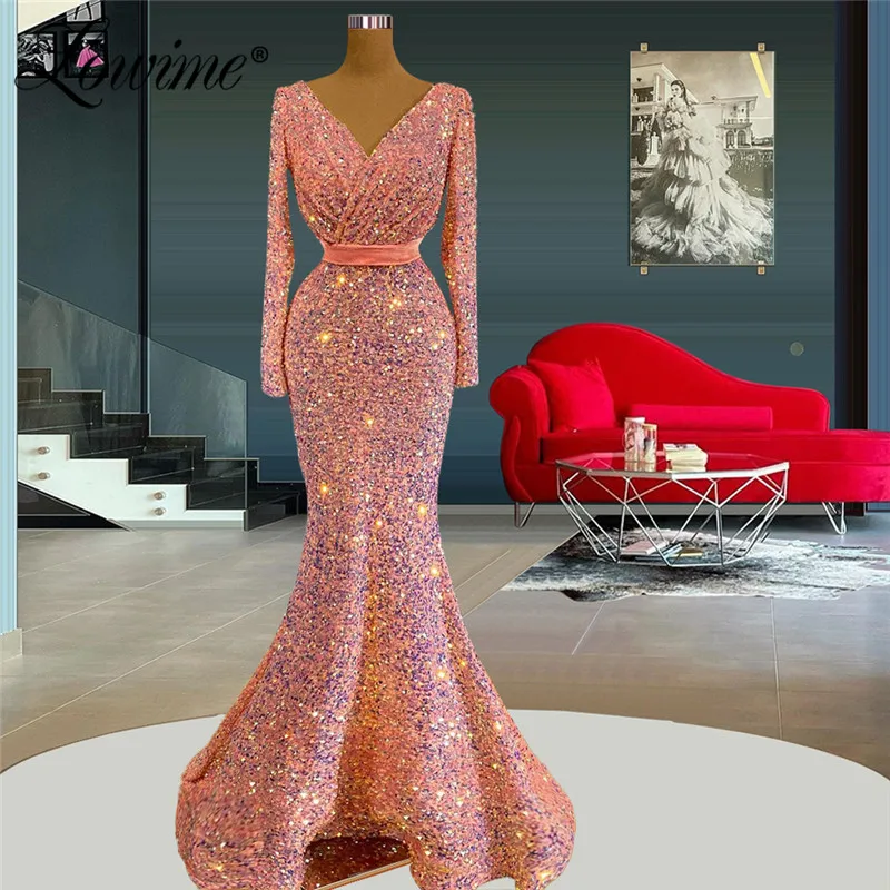 

Robe De Soiree Rouge Sequins Pink Mermaid Evening Dresses 2021 V Neck Long Formal Party Gowns Women Pageant Celebrity Dress