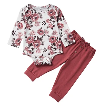 

Autumn Winter Long Sleeve Baby Girls Clothes 2Pcs Set Floral Bodysuit+Red trousers Rose Print Infant Suit For Newborn 2020 D30