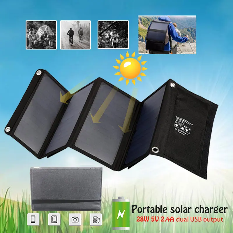 

Solar Charger Solar Power Bank Solar Panel 5V 28W Monocrystalline Silicon Travel Emergency Supply Outdoors Durable Waterproof