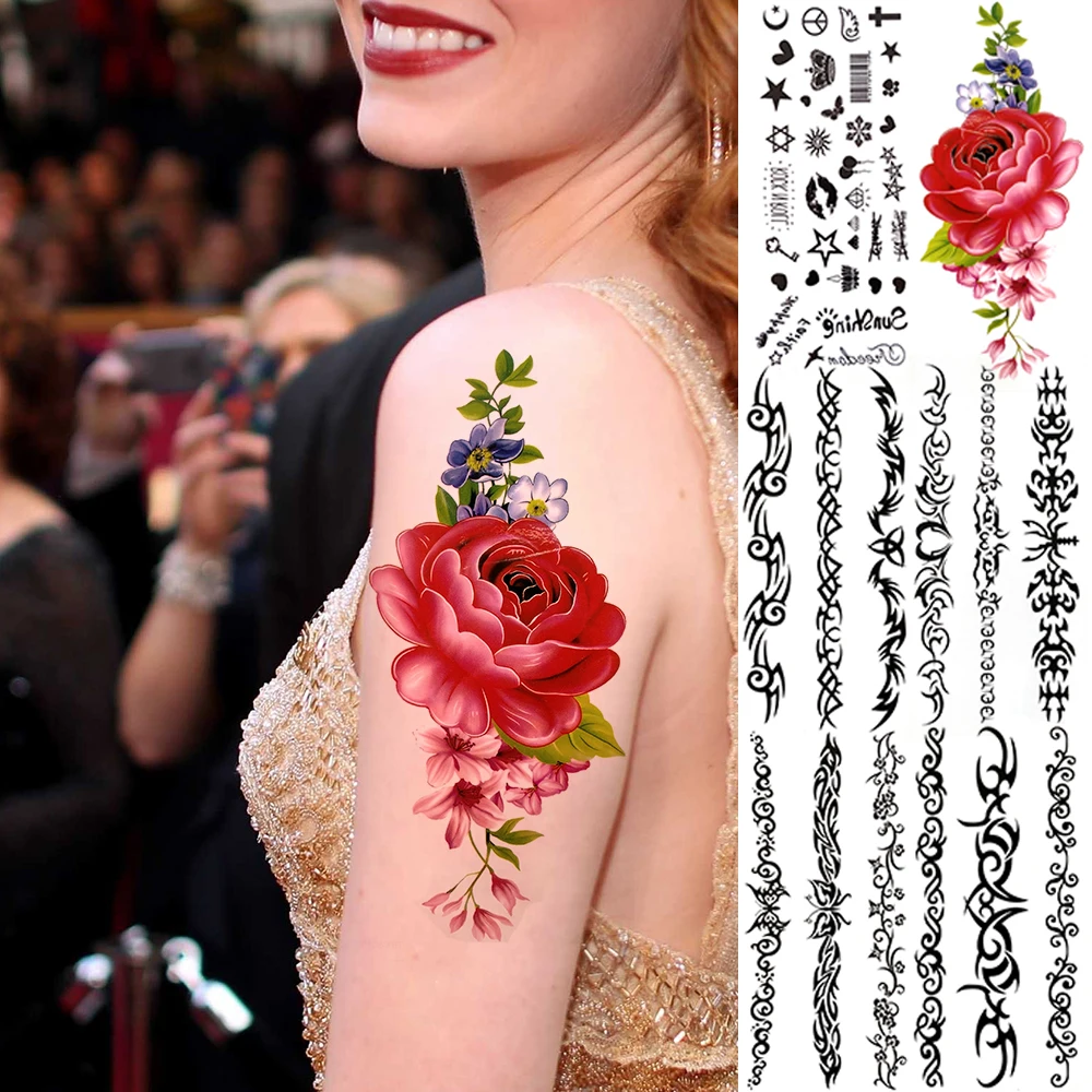 Watercolor Rose Temporary Tattoos For Women Female Realistic Indian Totem Blooming Flower Fake Tattoo Sticker Unique Hand Tatoos | Красота и