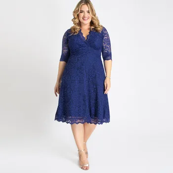 

On Sale Delicate Short Royal Blue Lace Mother of the Bride Dresses Tea Length V Neckline Wedding Party Gowns with 3/4 Sleeves