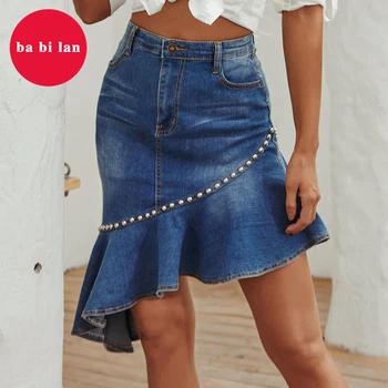 

2020ba bi lan blue rivet fishtail hem denim skirt female autumn pocket high waist party casual slim style irregular skirt