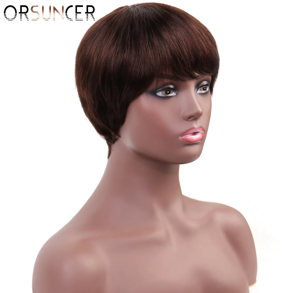 Perucas de Cabelo Brasileiro para Preto Humano Curto Pixie Corte Reto Remy Cabelo Máquina Feita Destaque Cor Barato Glueless Peruca 127 feita destaque cor barato glueless peruca