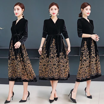 

Autumn Winter Women Velvet Long Dress Vintage Print Mandarin Collar Full Sleeve Design Plus Size Casual Ladies Dresses Elegant