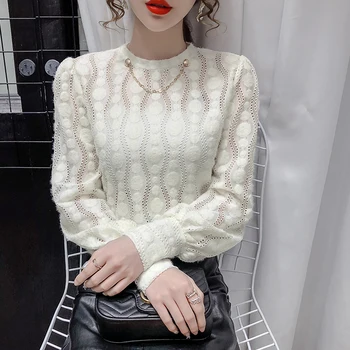 

COIGARSAM Vintage Full Sleeve blouse women New Spring Hollow Out Turtleneck blusas womens tops and blouses White Apricot 6111