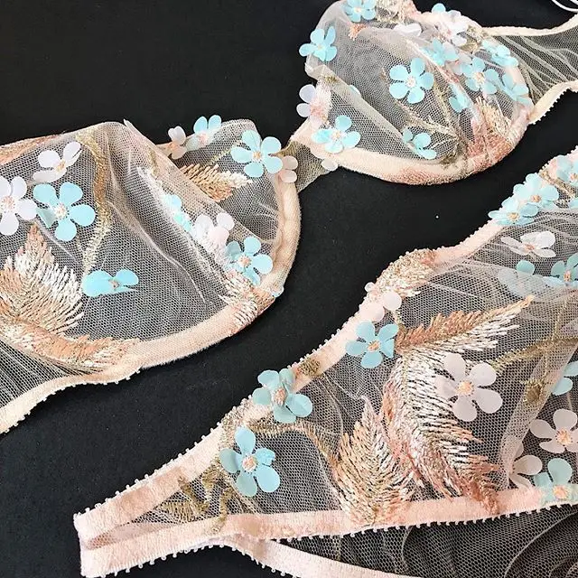 

Lingerie Set Floral Embroidery Bra with Underwire Transparent Hollow Out Briefs Underwear Set Bra and Panty Set See Through Bra