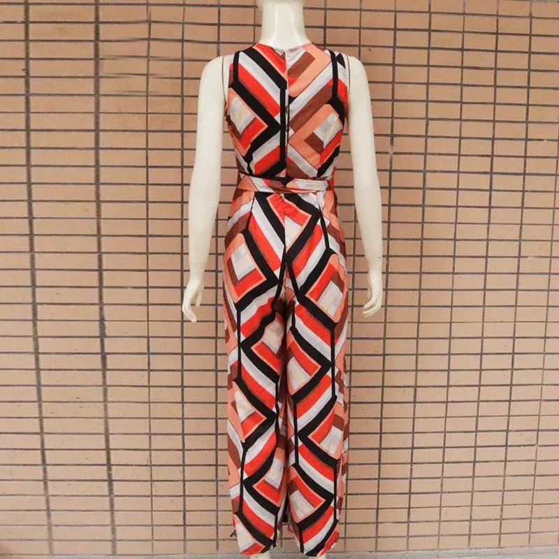 Women Geo Printed V Neck Wide Leg Pants Jumpsuit Sexy Sleeveless Party Long Jumpsuit Ladies Summer Beach Maxi Overalls