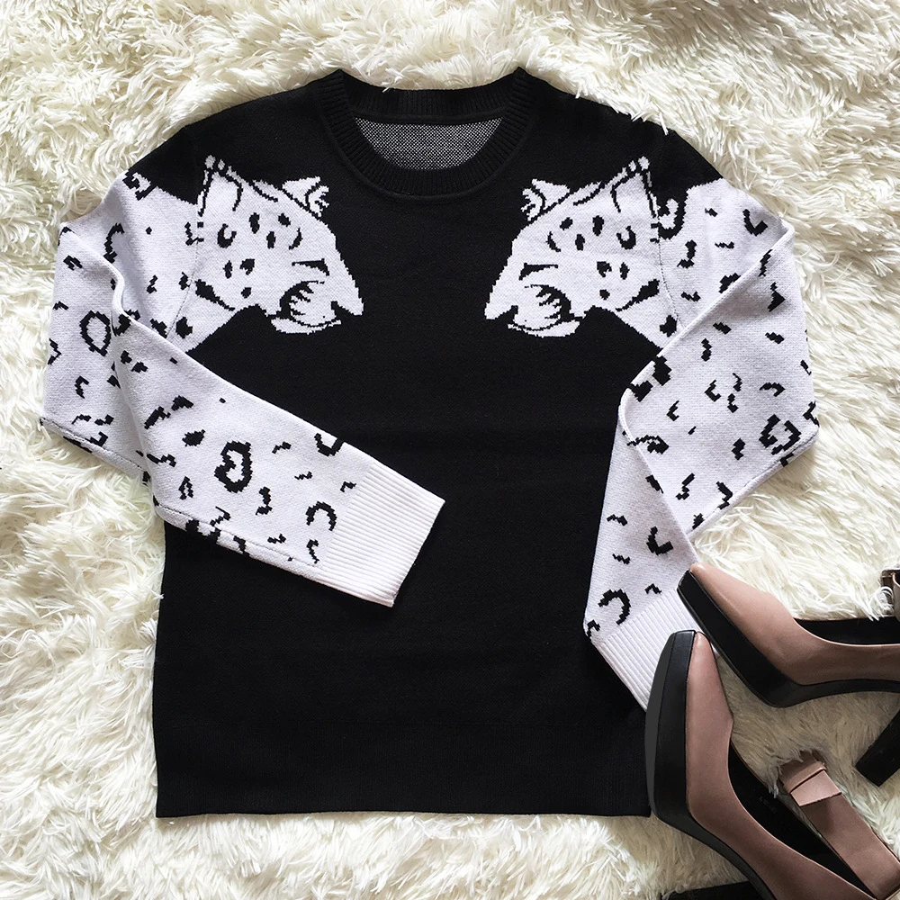 Women Knitted Cropped Sweater Leopard Pattern Long Sleeve Pullovers Female Loose Jumper New Cropped Sweater For Women