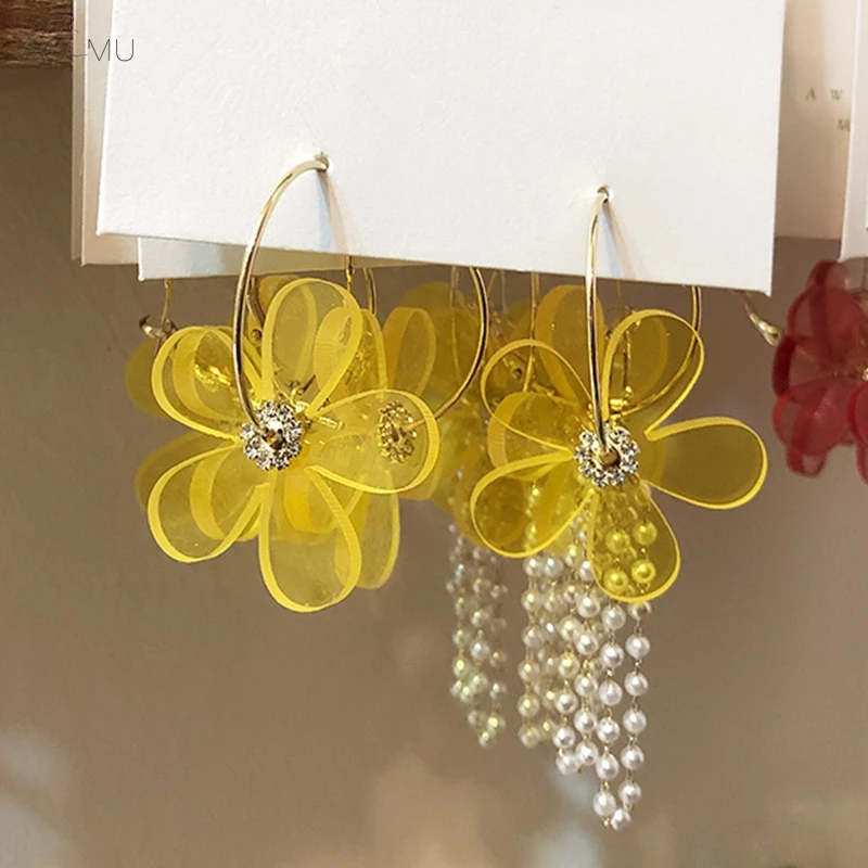 

AOMU S925 Sterling Silver Pin Acrylic Transparent Flower Pearl Tassel Asymmetry Dangle Drop Earrings for Women Girl Jewelry Gift