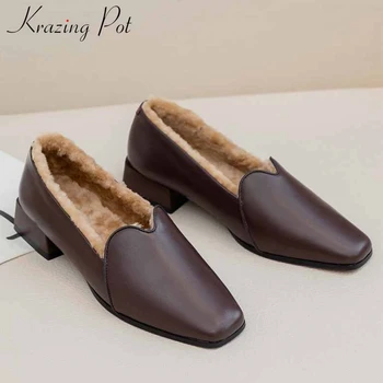 

Krazing pot unique genuine leather sheep fur super keep warm loafers shoes slip on square toe med heels women fashion pumps L82