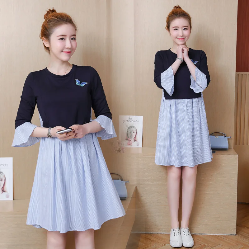 

2018 Spring And Summer Maternity Dress Embroidery Mid-length Nursing Dress Fake Two-Piece Feeding Medium-length Dress