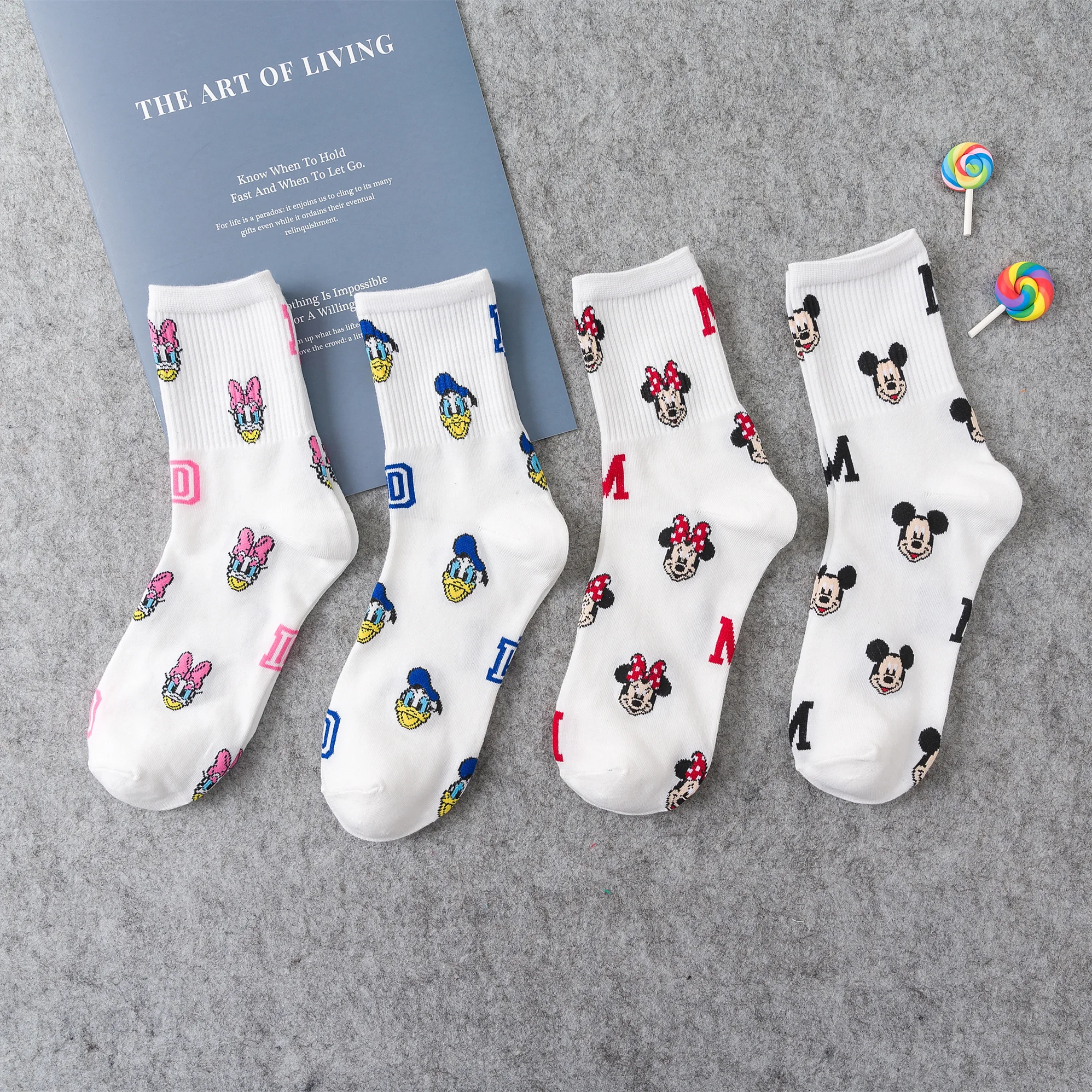 8 Pairs Disney Cartoon Socks Cute Mickey Minnie Daisy Donald Winnie Piglet Print White Funny Harajuku Fashion Kawaii Girl Sock