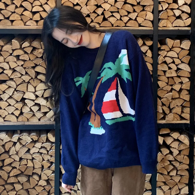 

Vintage Palm Pattern Thick Jacquard Sweater Women's Autumn And Winter Loose-Fit Crew Neck Sweater