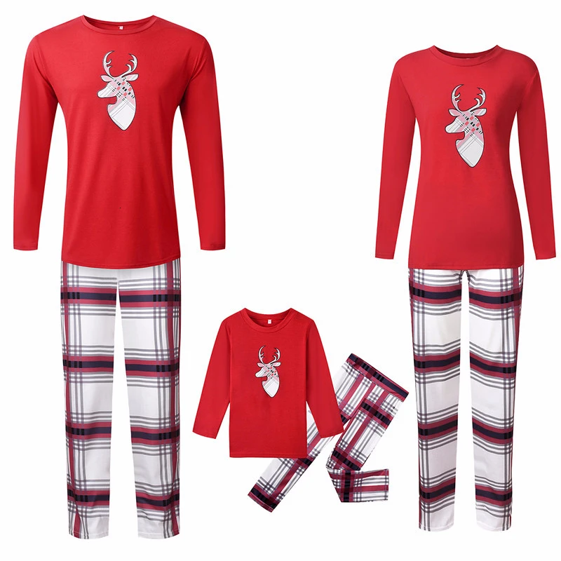 Рождественские пижамы для всей семьи, комплект одежды с принтом лося, одежда для сна для мамы, папы, дочери и сына футболка с длинными рукавами+ клетчатые штаны, комплект одежды