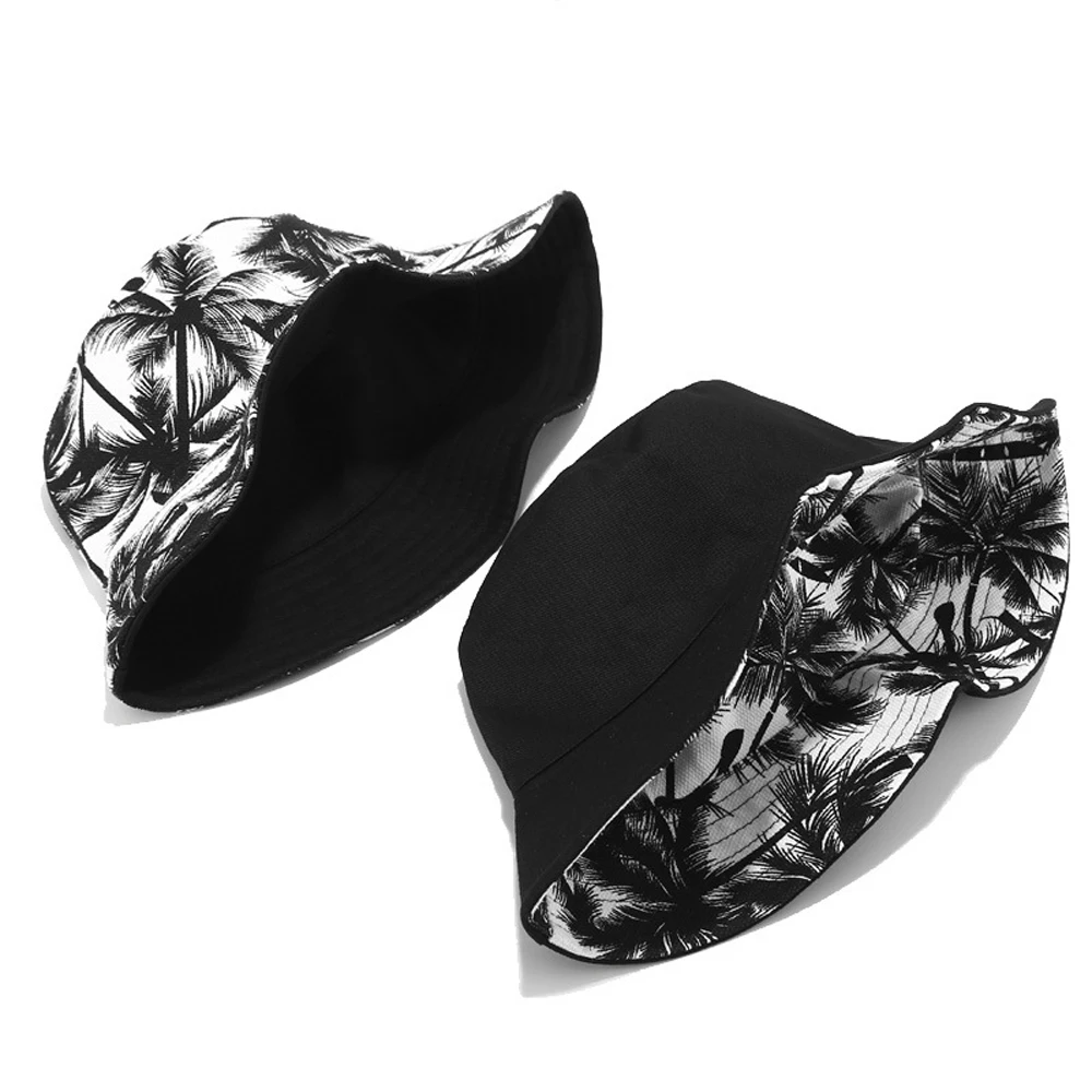 2020 New Unisex Fashion Summer Reversible Black White Coconut Tree Printed Fisherman Caps Bucket Hats Gorro Pescador Men Women