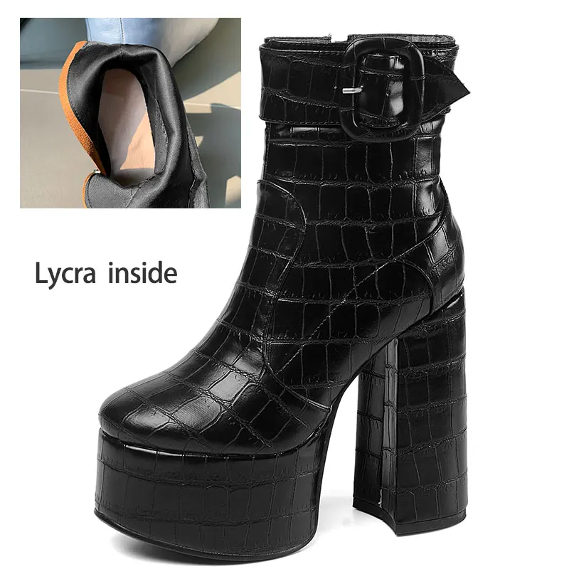 Lycra black Lsewilly/готическая обувь для подиума на толстом квадратном массивном каблуке и платформе женские ботильоны из микрофибры с пряжкой и узором «крокодиловая кожа» - Цвет: Lycra black